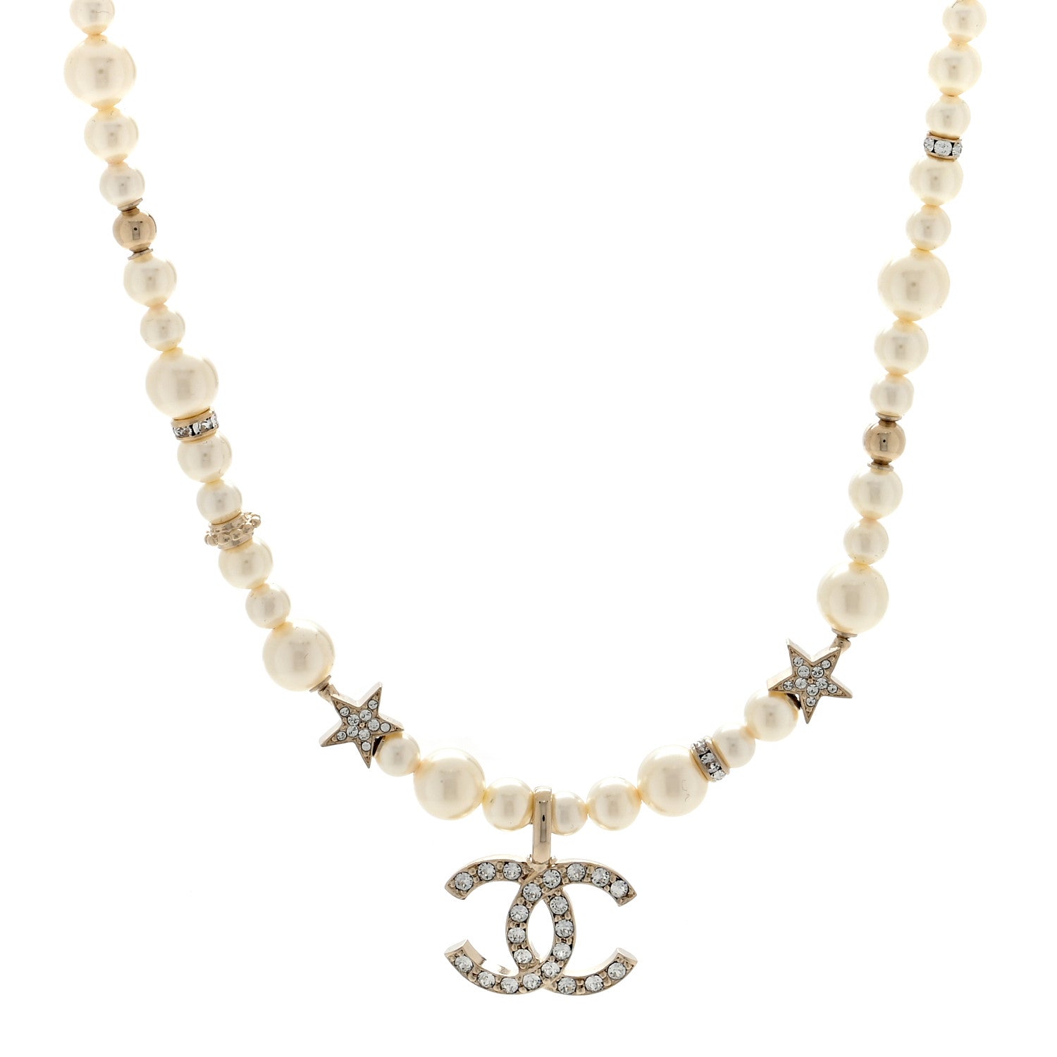 Chanel Metal Crystal Pearl CC Star Short Pendant Necklace Gold 1 of 3