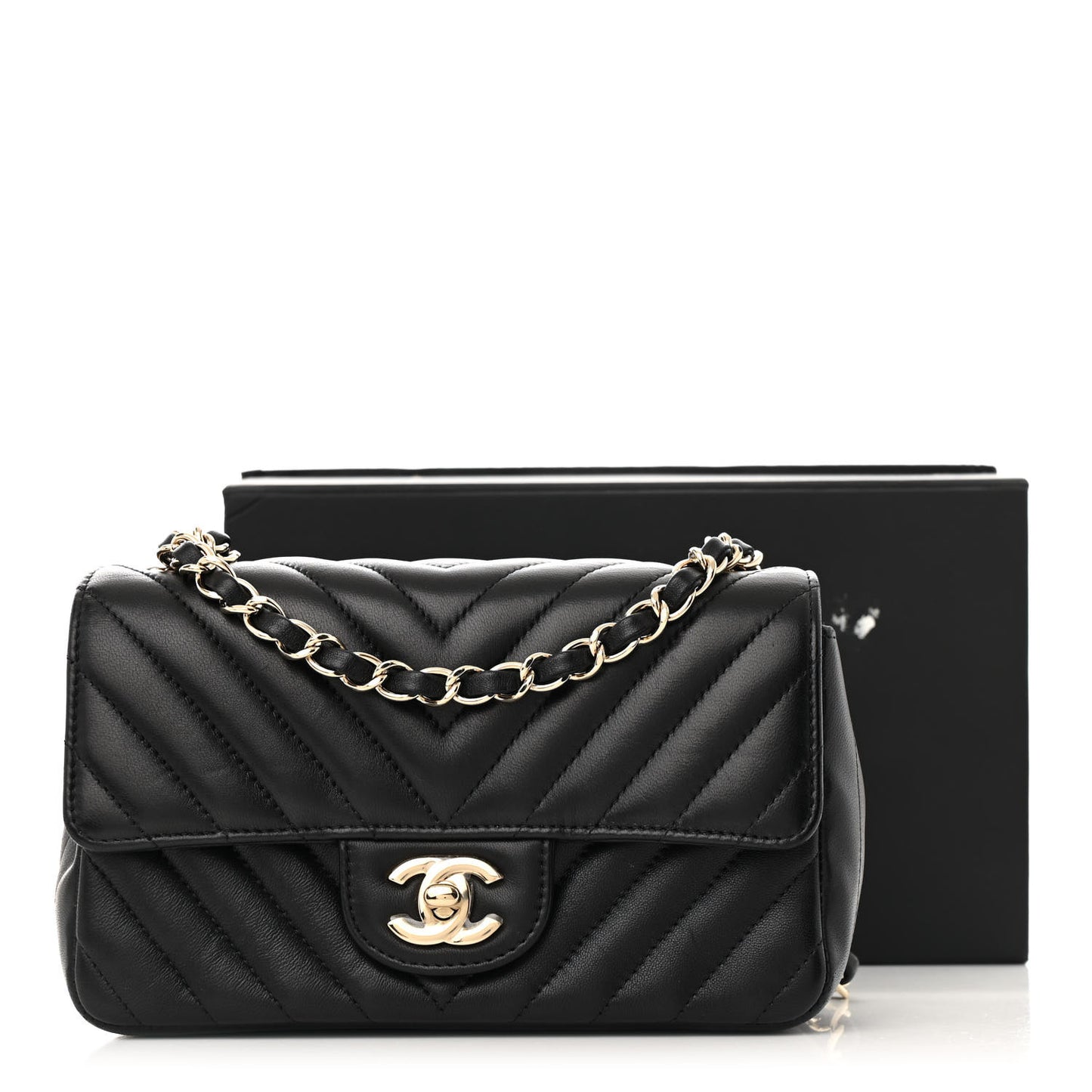 Lambskin Chevron Quilted Mini Rectangular Flap Black