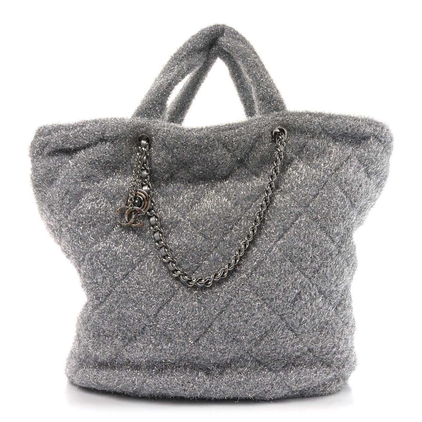 Knit Metallic Lambskin Large Shopping Tote Silver