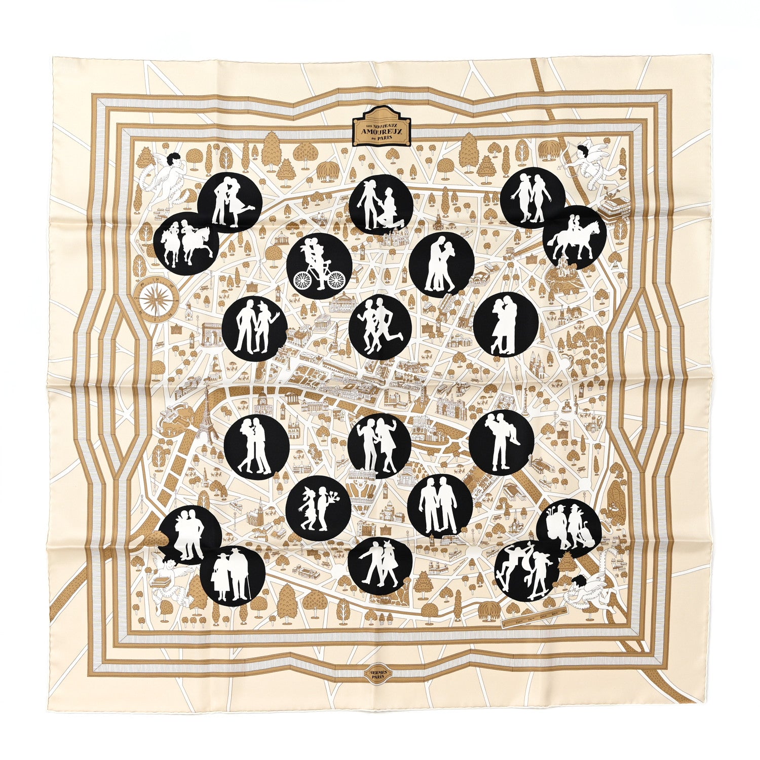 Hermes Silk Les Nouveaux Amoureux de Paris Scarf 90 Beige Black White 1 of 5