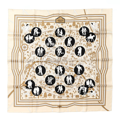 Hermes Silk Les Nouveaux Amoureux de Paris Scarf 90 Beige Black White 1 of 5