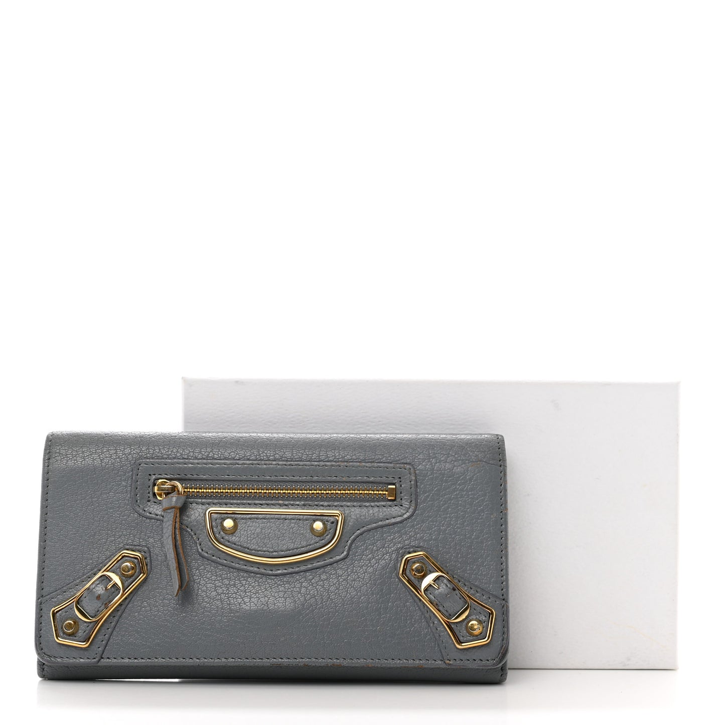 Chevre Gold Metallic Edge Hardware Continental Flap Wallet Bleu Acier