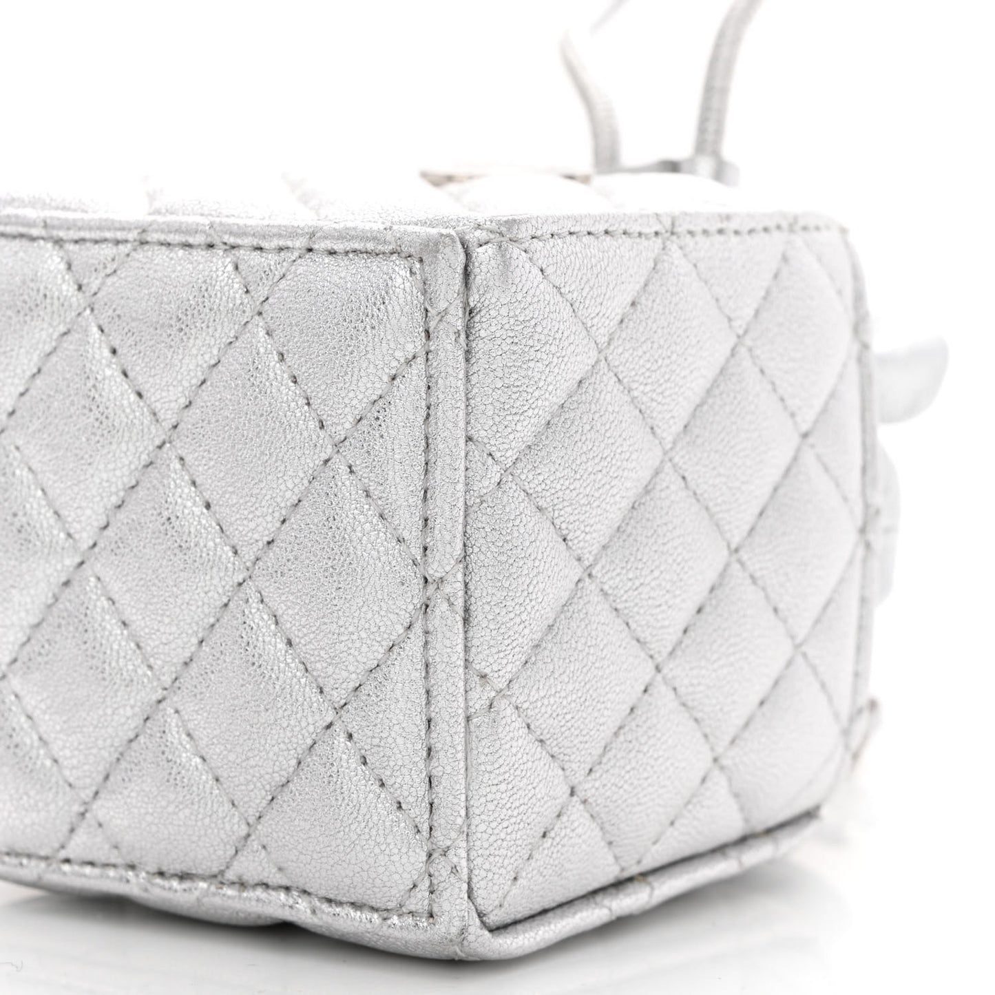 Metallic Caviar Quilted Mini Drawstring Bucket Bag Silver