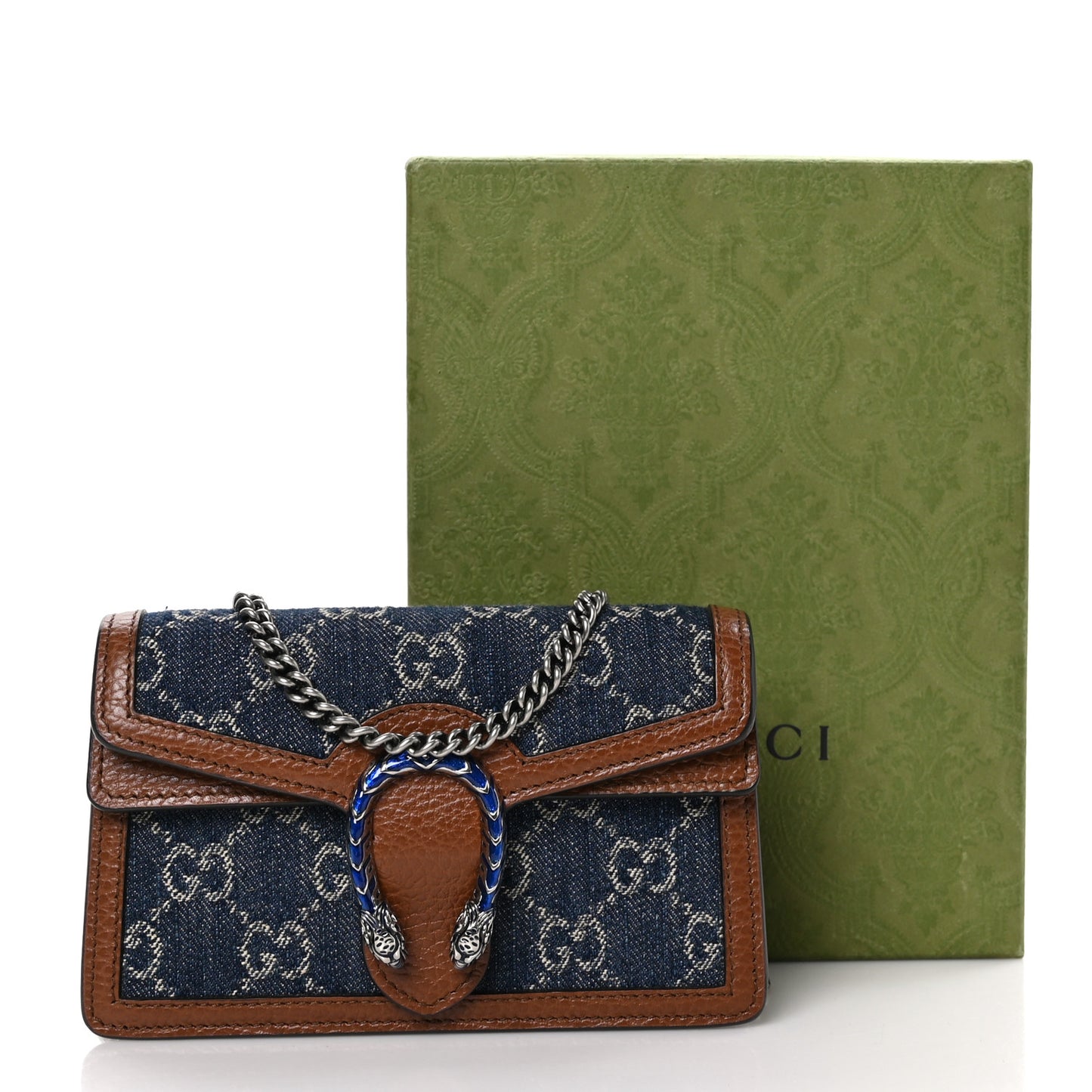 New Denim GG Monogram Dollar Calfskin Enamel Super Mini Dionysus Shoulder Bag Blue Tea Cuir Epilog Electric Blue