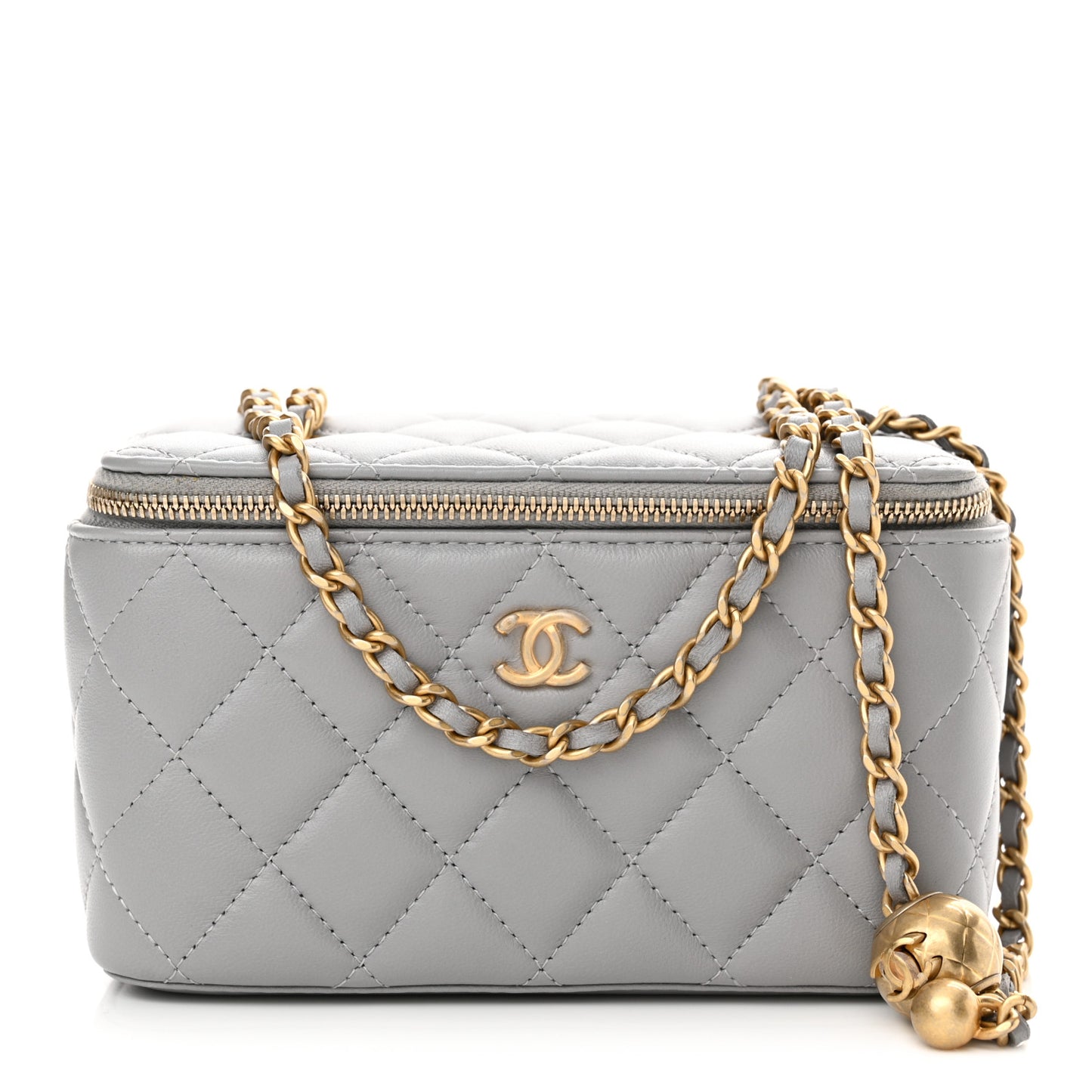 Lambskin Quilted Small Pearl Crush Vanity Case With Chain Grey