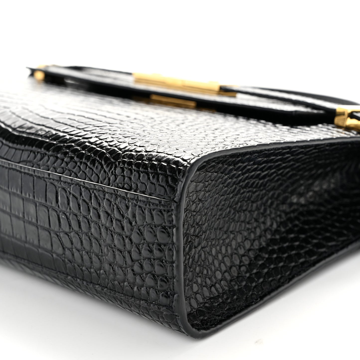 Shiny Calfskin Crocodile Embossed Manhattan Baguette Black