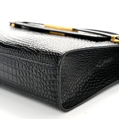 Saint Laurent Shiny Calfskin Crocodile Embossed Manhattan Baguette Black 9 of 10