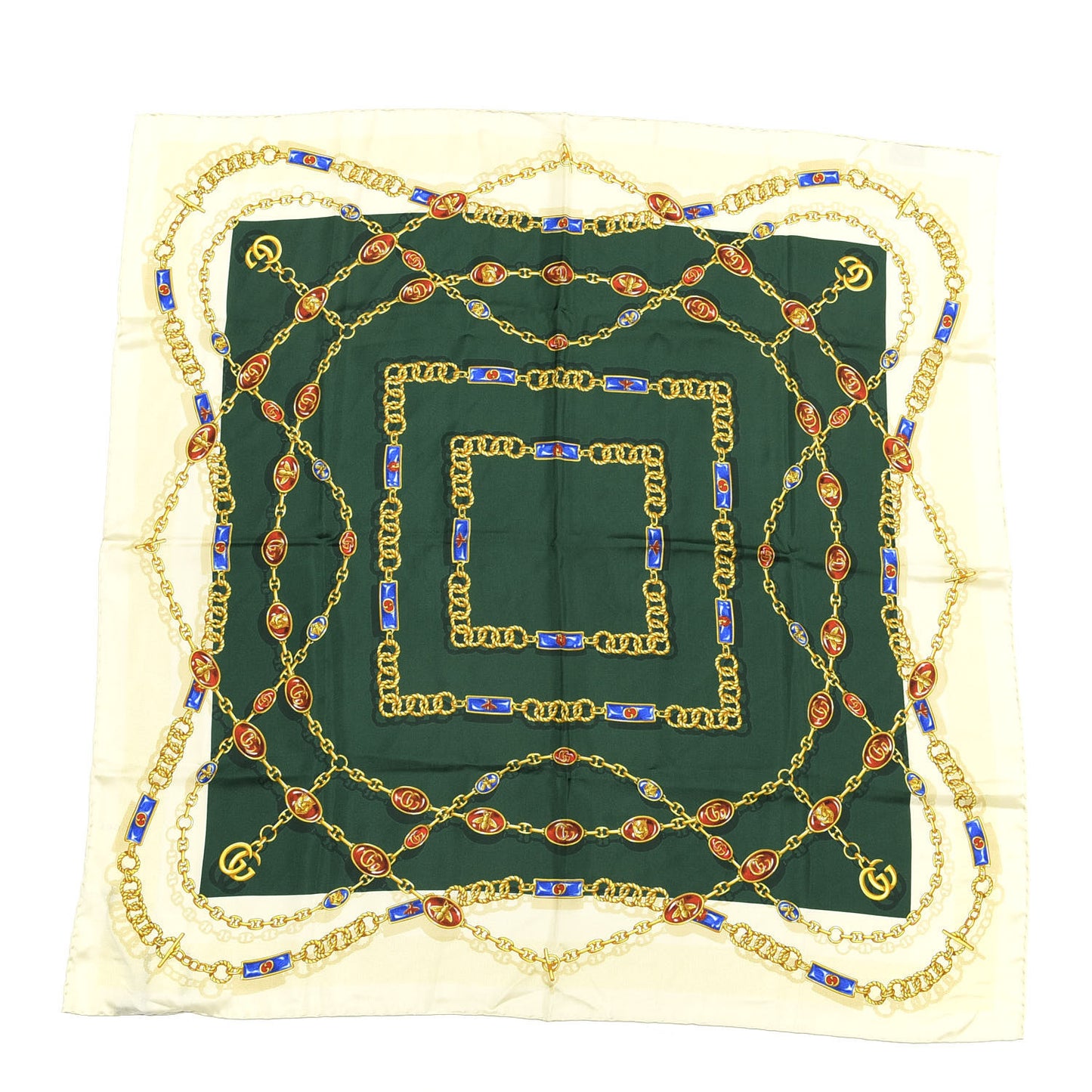 Silk Twill Chain Print Square Scarf Ivory Dark Green