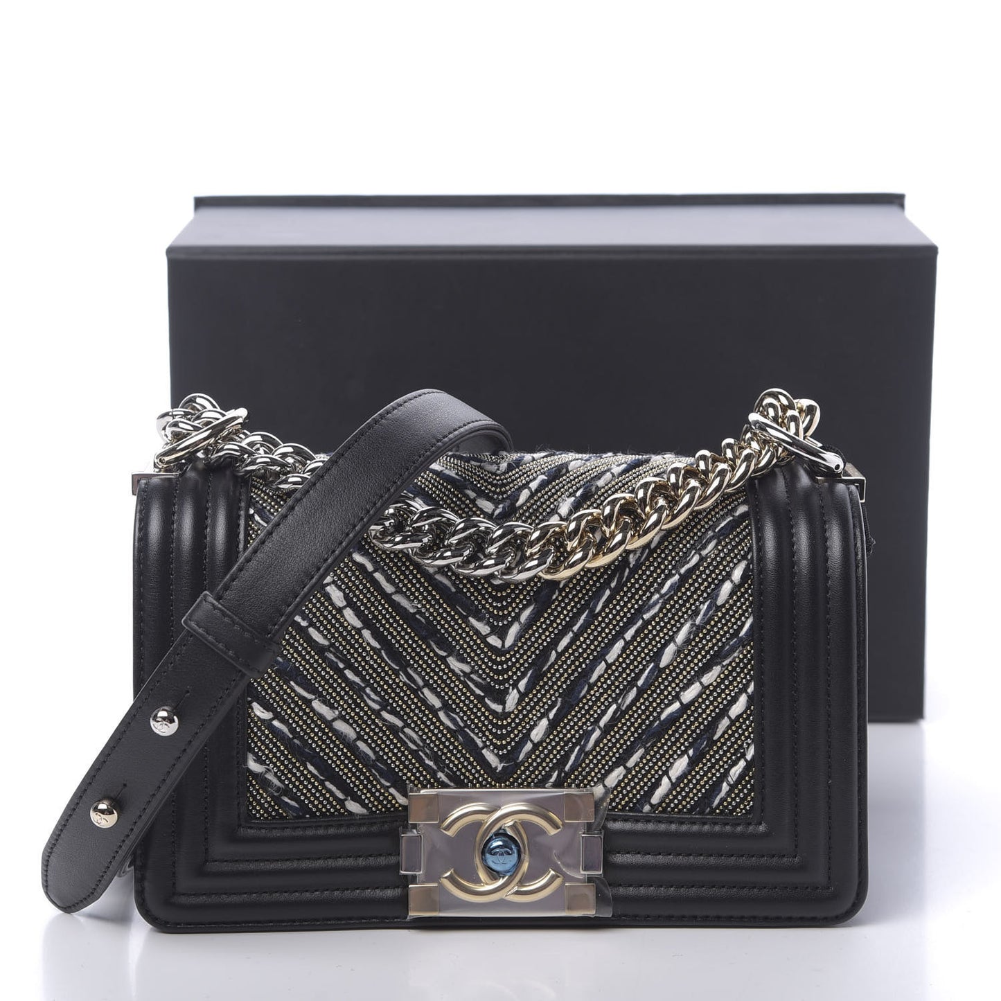 Calfskin Tweed Chain Chevron Small Boy Flap Black