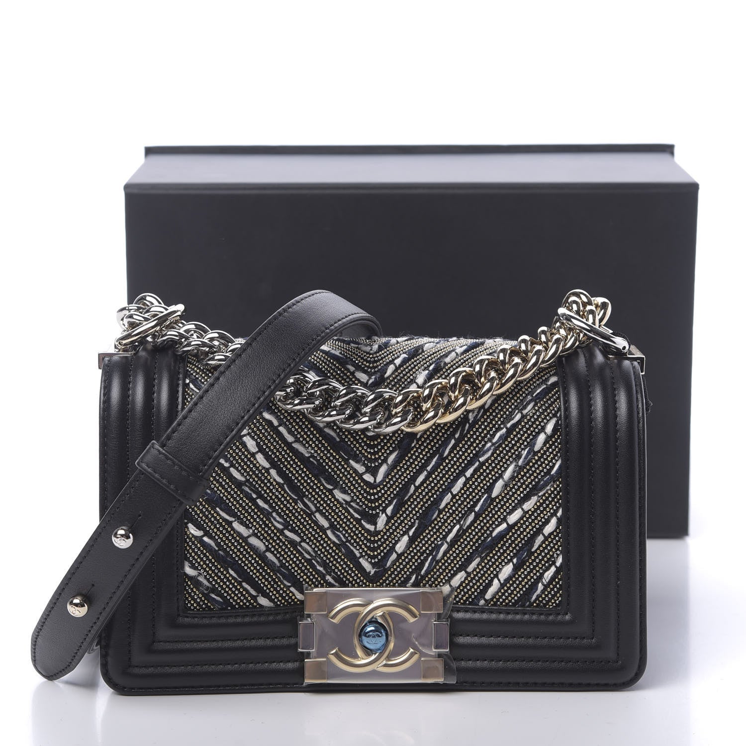 Chanel Calfskin Tweed Chain Chevron Small Boy Flap Black 11 of 11