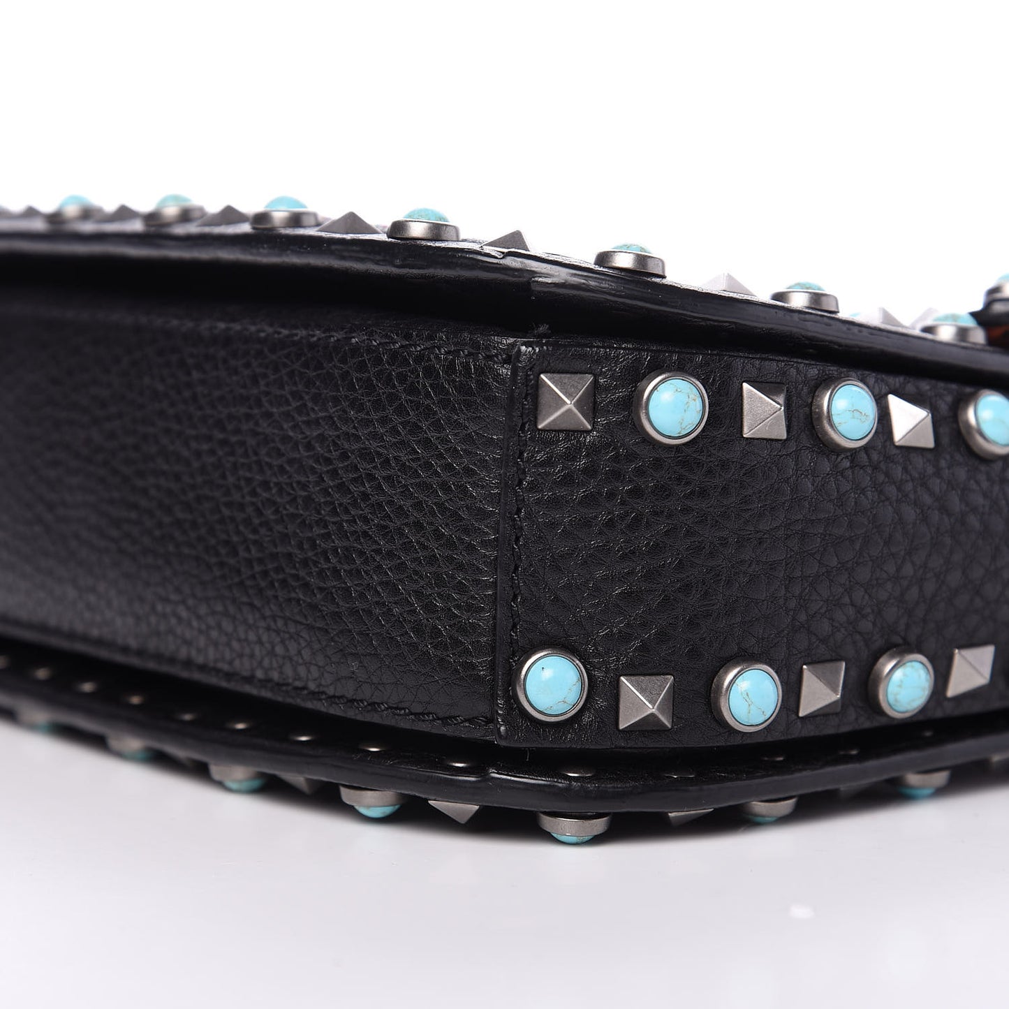 Pebbled Calfskin Beaded Medium Guitar Strap Rockstud Rolling Flap Saddle Bag Black