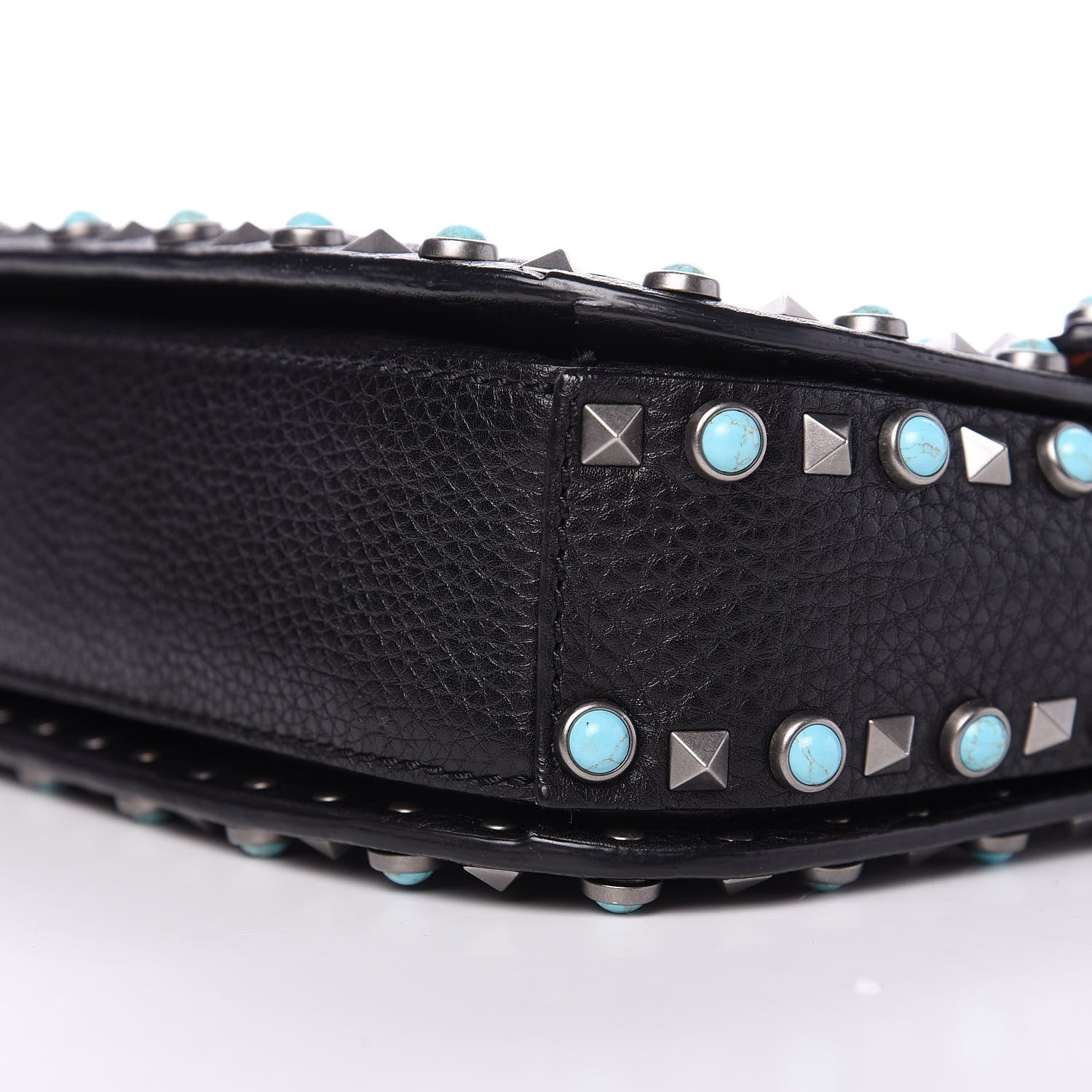Valentino Garavani Pebbled Calfskin Beaded Medium Guitar Strap Rockstud Rolling Flap Saddle Bag Black 8 of 9