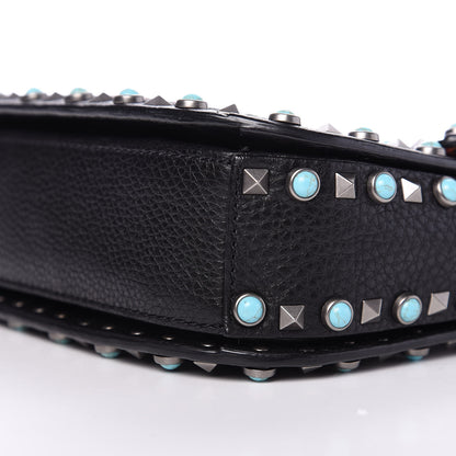 Valentino Garavani Pebbled Calfskin Beaded Medium Guitar Strap Rockstud Rolling Flap Saddle Bag Black 8 of 9