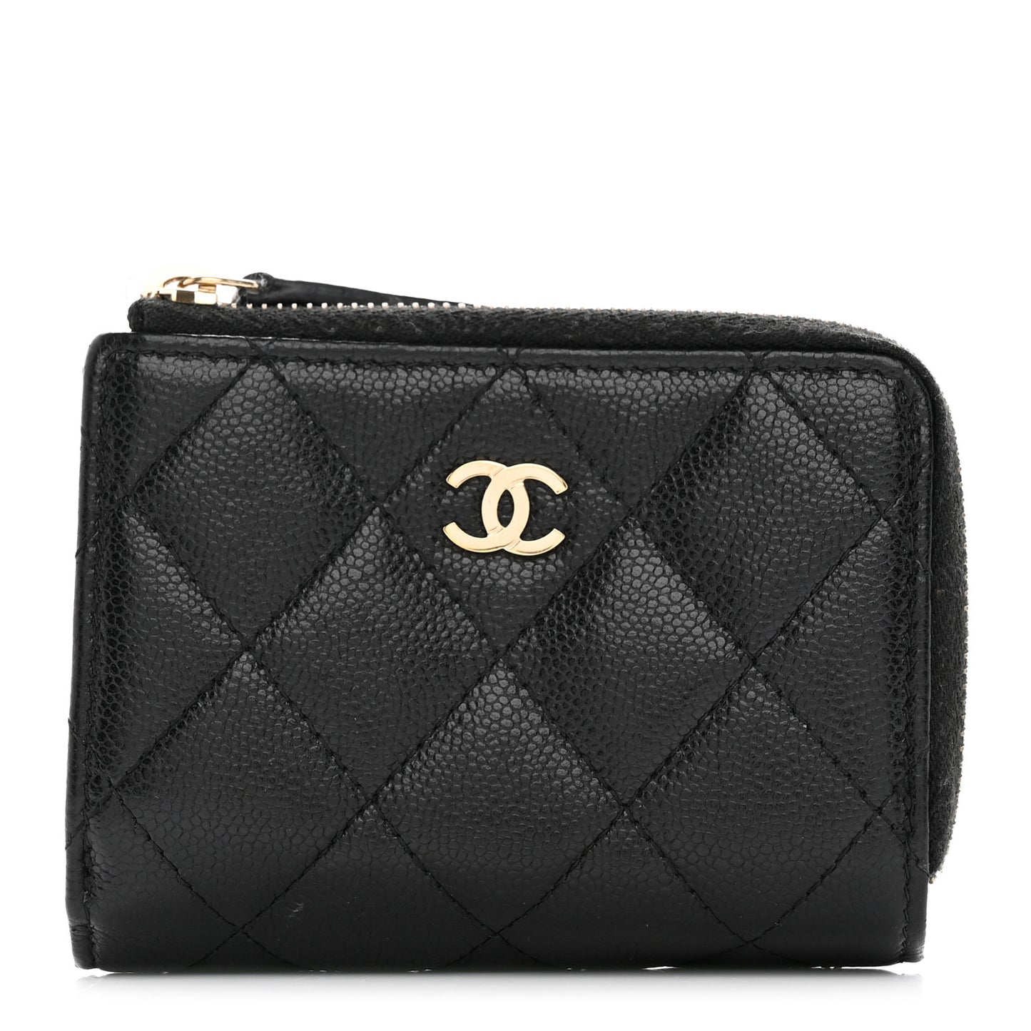 Caviar Quilted CC Zip Compact Trifold Wallet Black