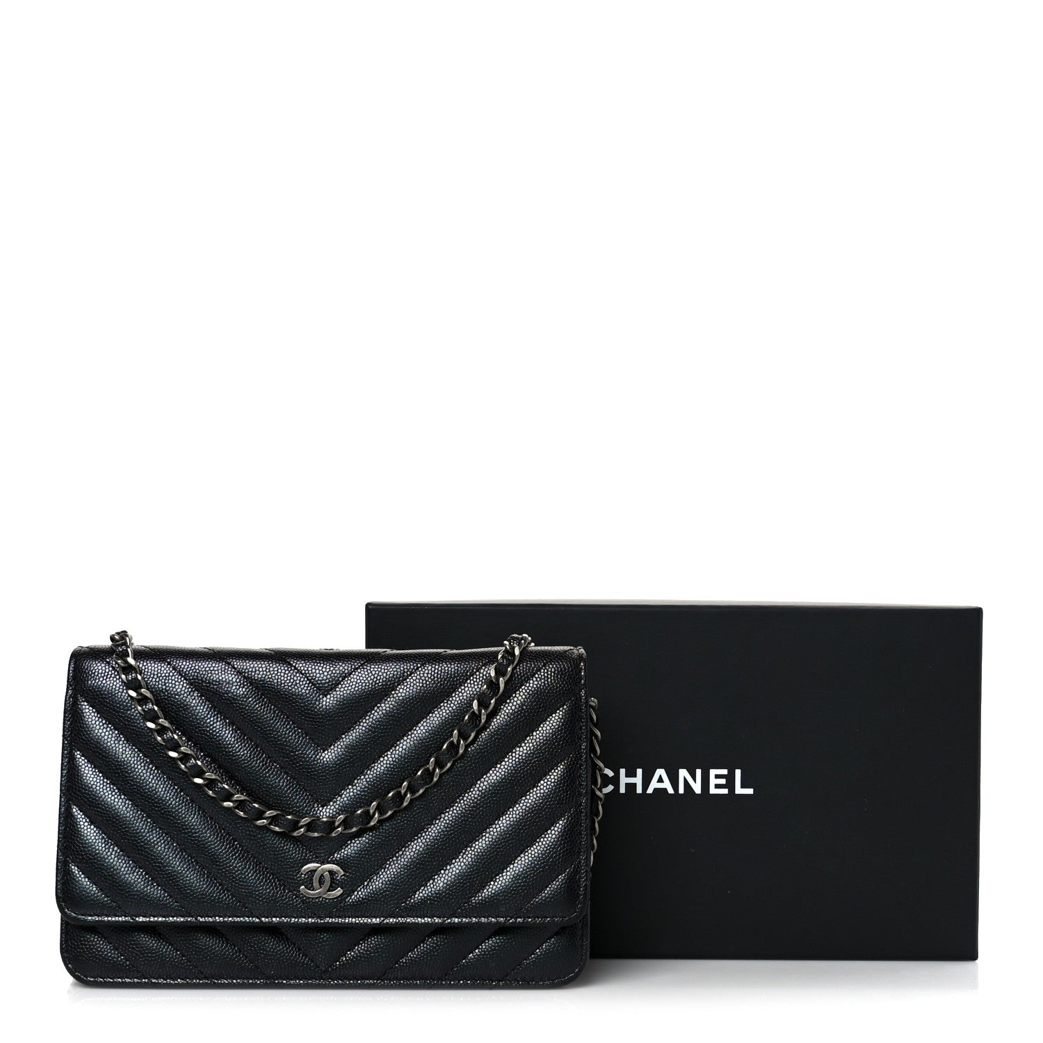 Chanel Iridescent Caviar Chevron Quilted Wallet On Chain WOC Black 12 of 12