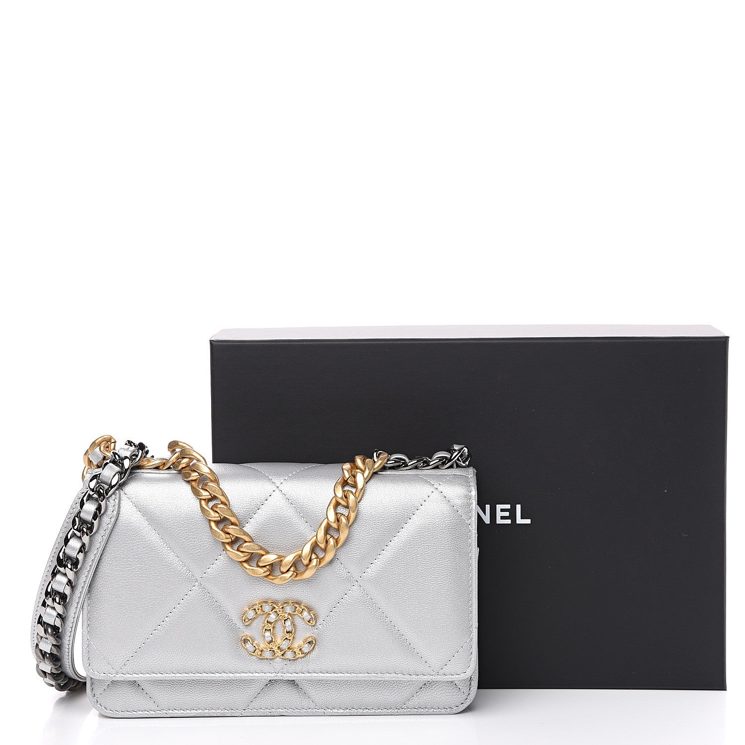 Chanel Metallic Goatskin Quilted 19 Wallet On Chain WOC Silver 13 of 13