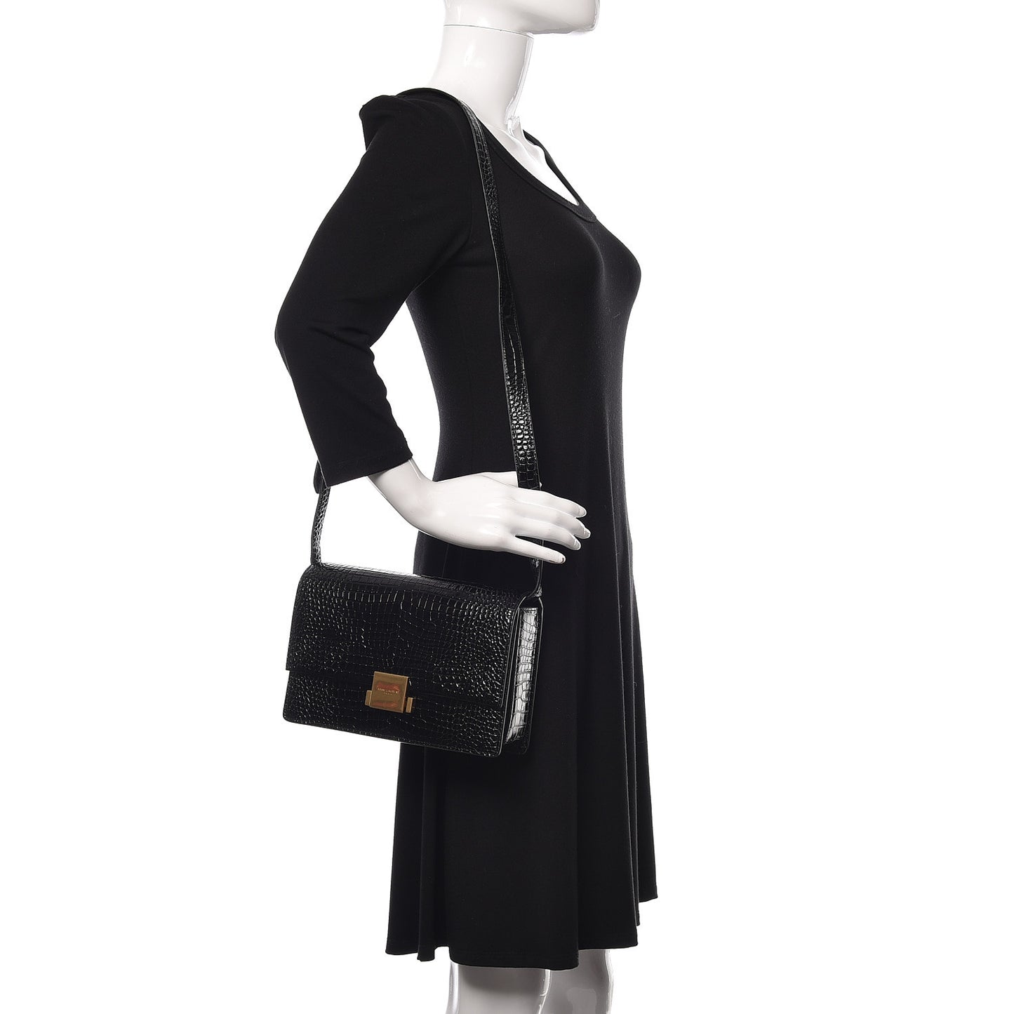 Calfskin Crocodile Embossed Medium Bellechasse Satchel Black