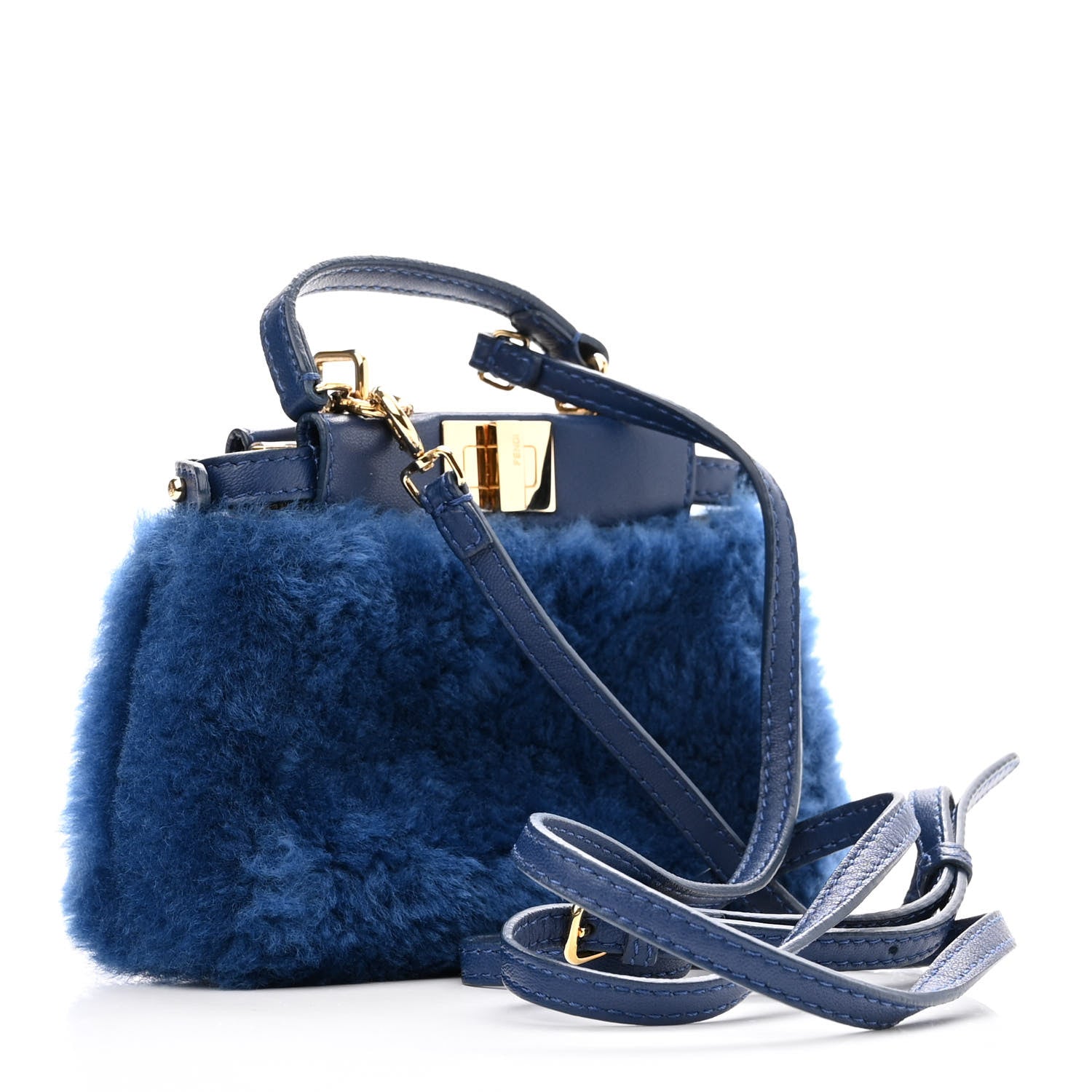 Fendi Shearling Shiny Nappa Micro Peekaboo Iconic Satchel Blue 3 of 11