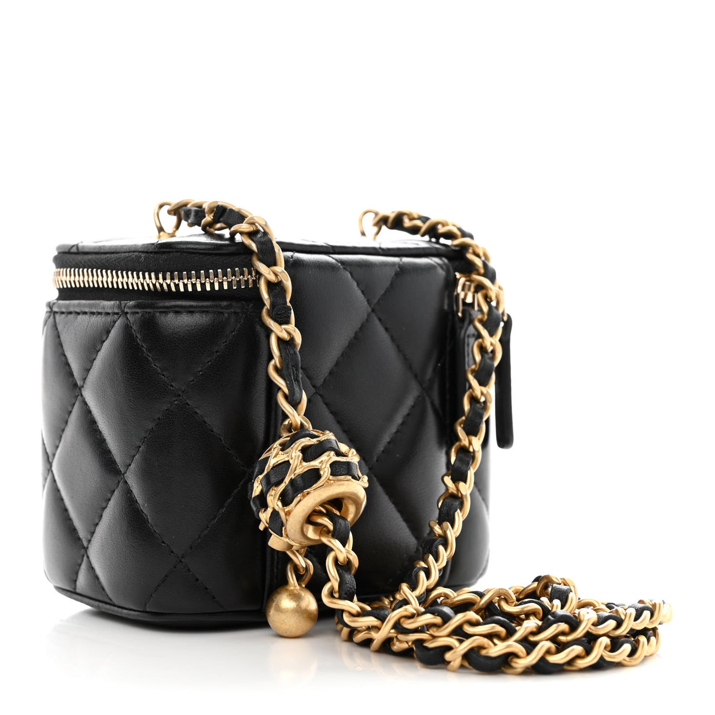 Lambskin Quilted Mini Pearl Crush Vanity Case With Chain Black