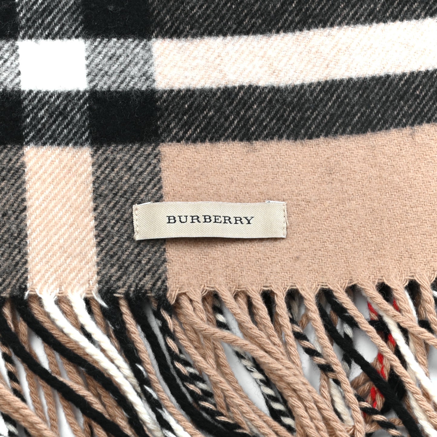 Cashmere Giant Check Fringe Scarf Camel