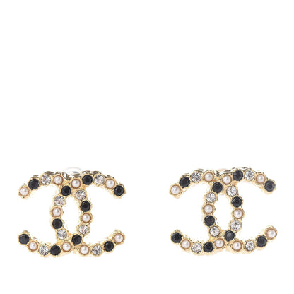 Chanel Resin Pearl Crystal CC Earrings Gold Black 1 of 5