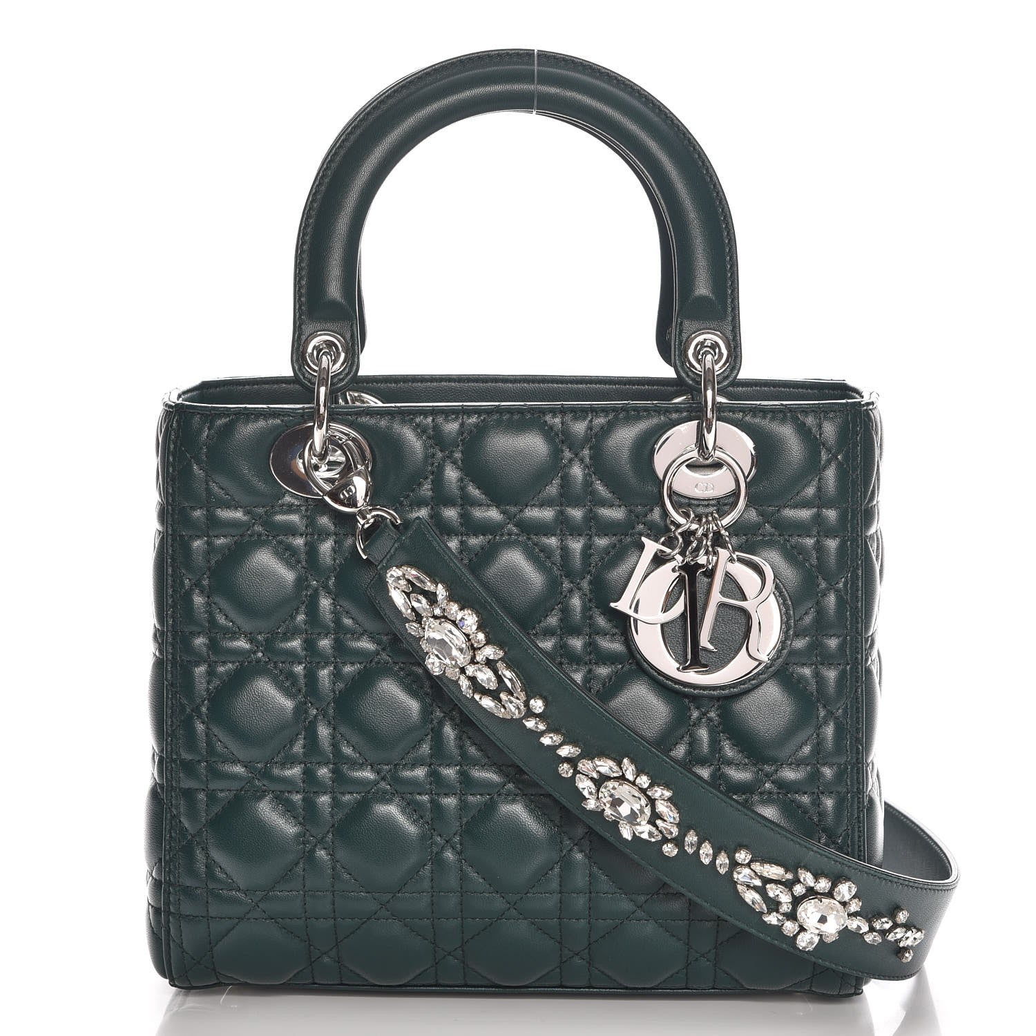 Christian Dior Lambskin Cannage Medium Lady Dior Crystal Strap Green 1 of 8