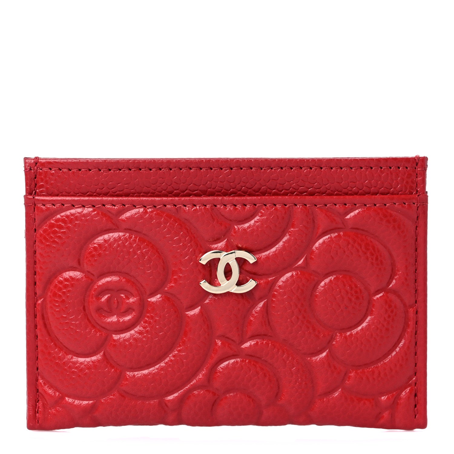 Chanel Caviar Camellia Embossed Card Holder Red 1 of 9