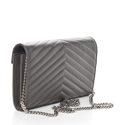 Saint Laurent Grain De Poudre Matelasse Chevron Monogram Chain Wallet Fog 2 of 6