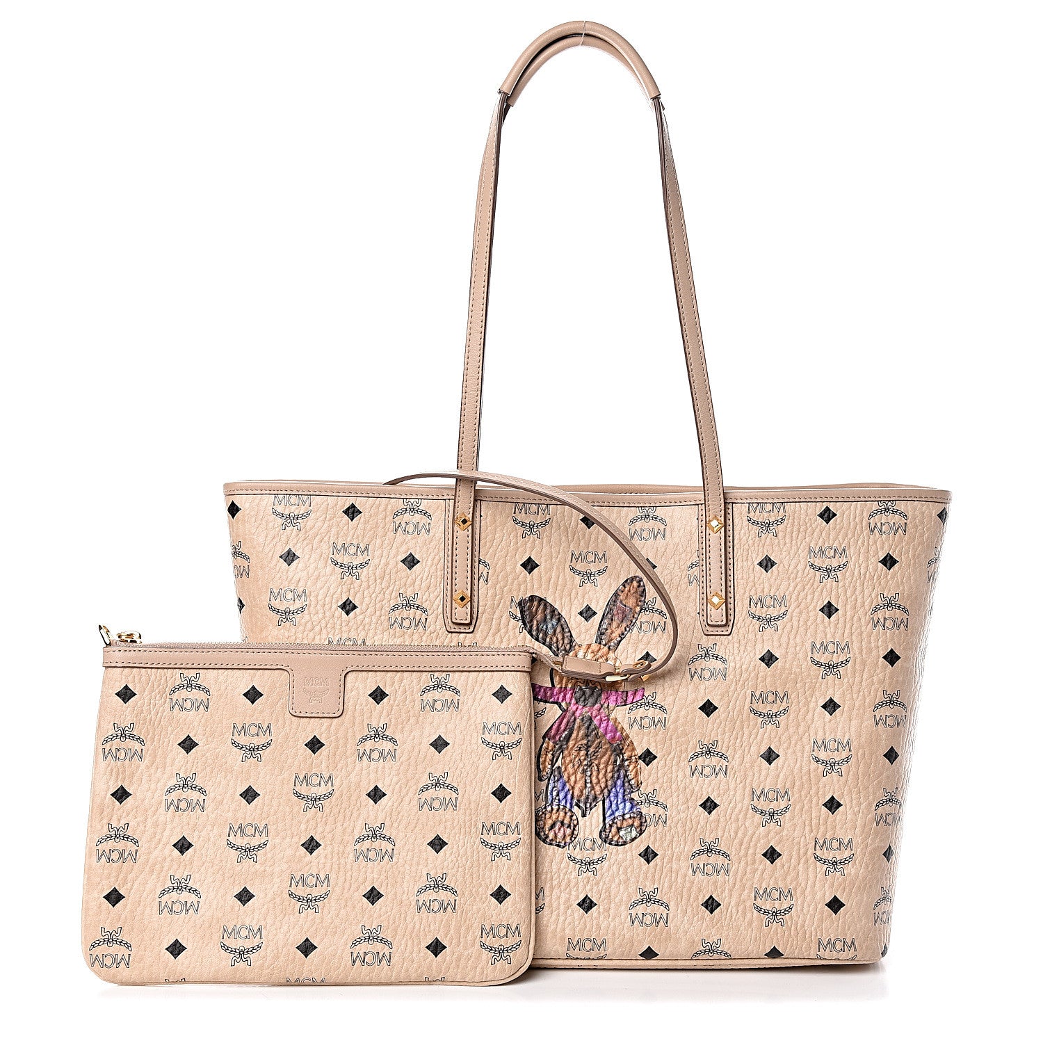 MCM Visetos Medium Rabbit Top Zip Shopper Tote Beige 1 of 11