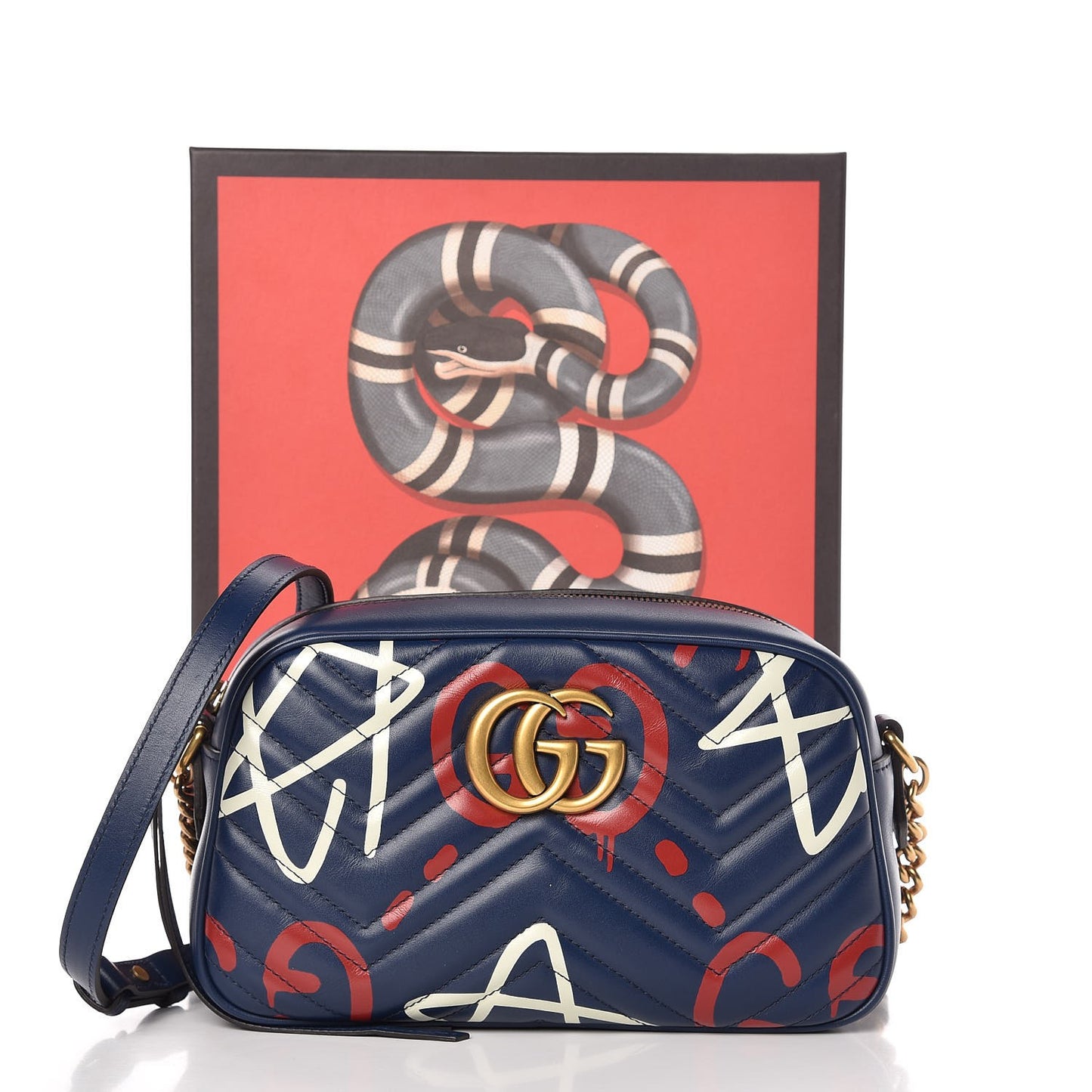 Calfskin Matelasse GucciGhost Small GG Marmont Chain Shoulder Bag Blue Agata Hibiscus Red