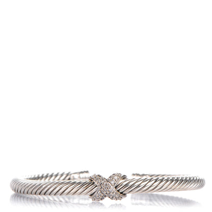 David Yurman Sterling Silver 18K White Gold Diamond Pave 5mm X Cable Bracelet 1 of 4