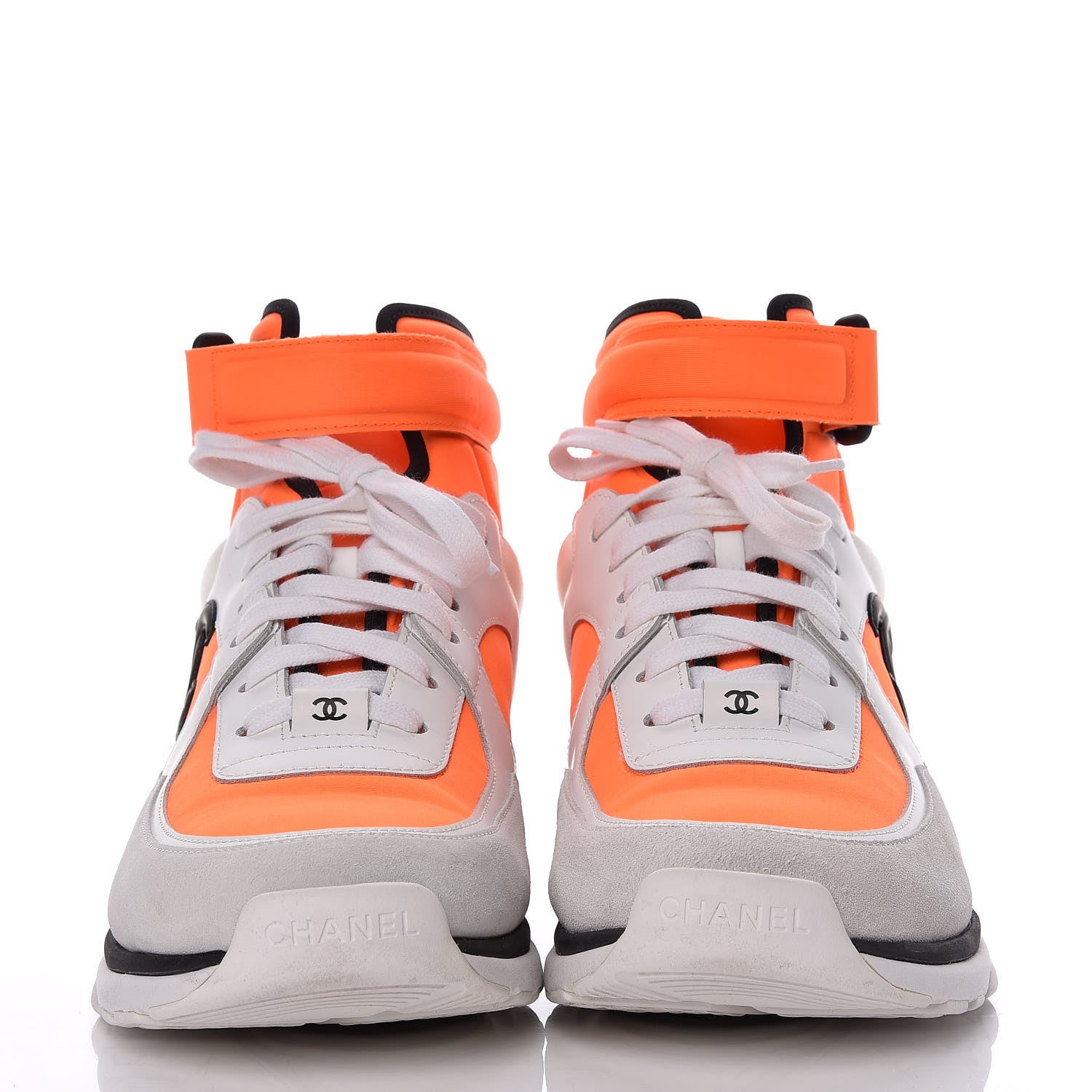 Chanel Suede Calfskin Lambskin Neoprene High Top CC Sneakers White Fluo Orange 2 of 10