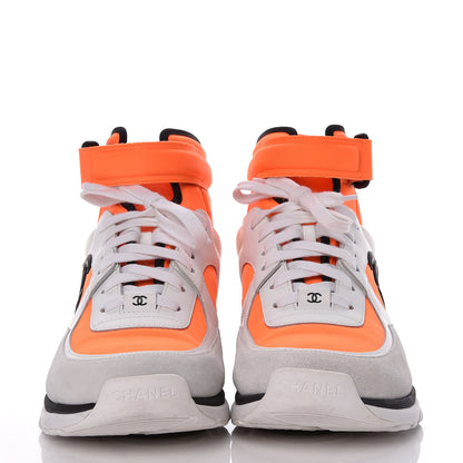 Chanel Suede Calfskin Lambskin Neoprene High Top CC Sneakers White Fluo Orange 2 of 10