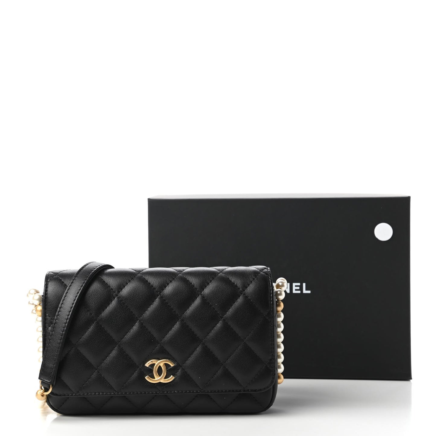 Calfskin Quilted Pearl Wallet On Chain WOC Black