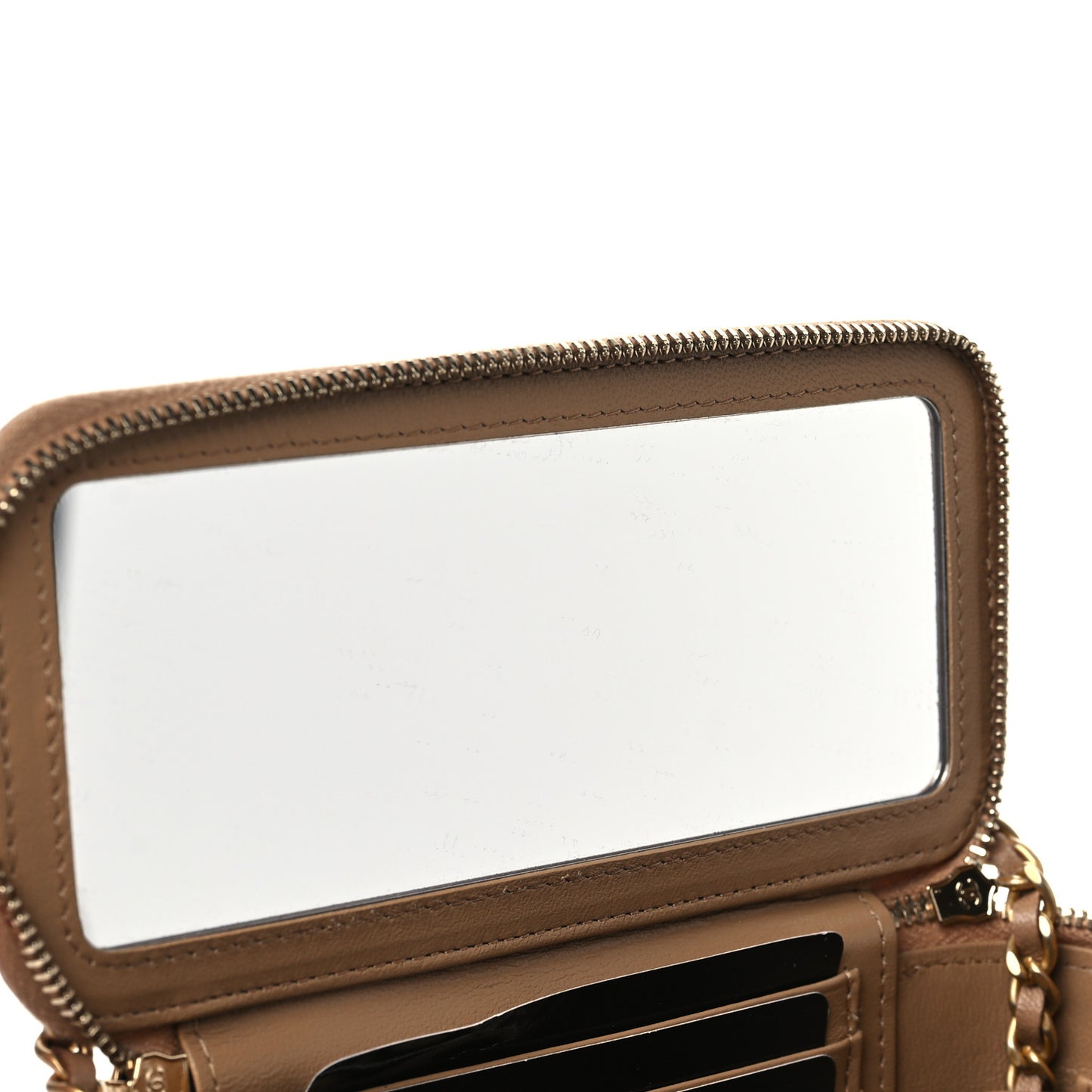 Lambskin Quilted Metal Small Top Handle Vanity Case With Chain Beige
