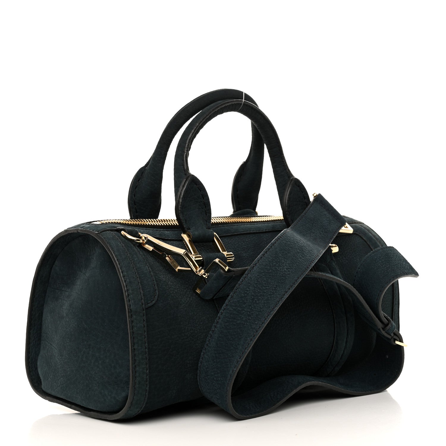 Burberry Suede Luggage Medium Bowling Barrel Bag Indigo Green 3 of 13