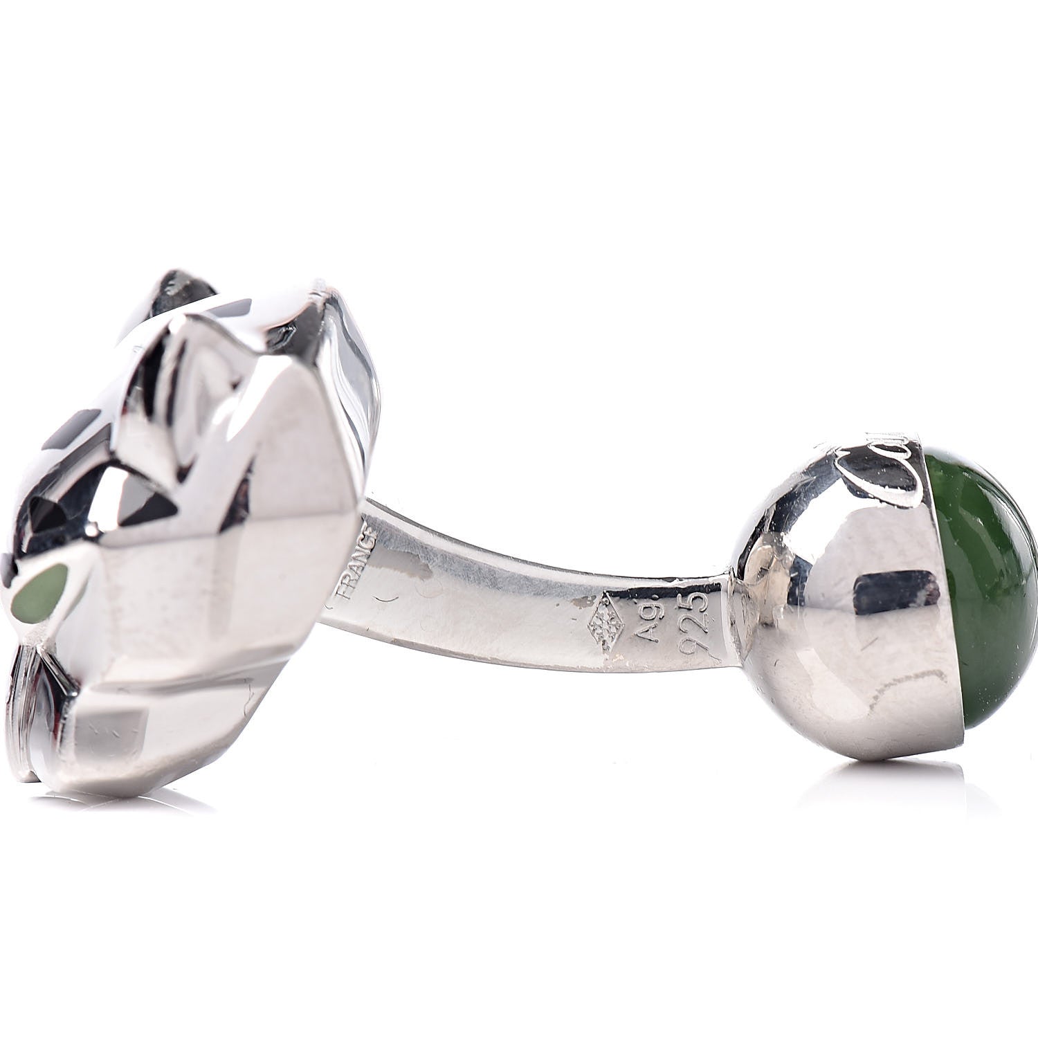 Cartier Sterling Silver Green Jade Lacquer Panther-Head Decor Cufflinks 6 of 8