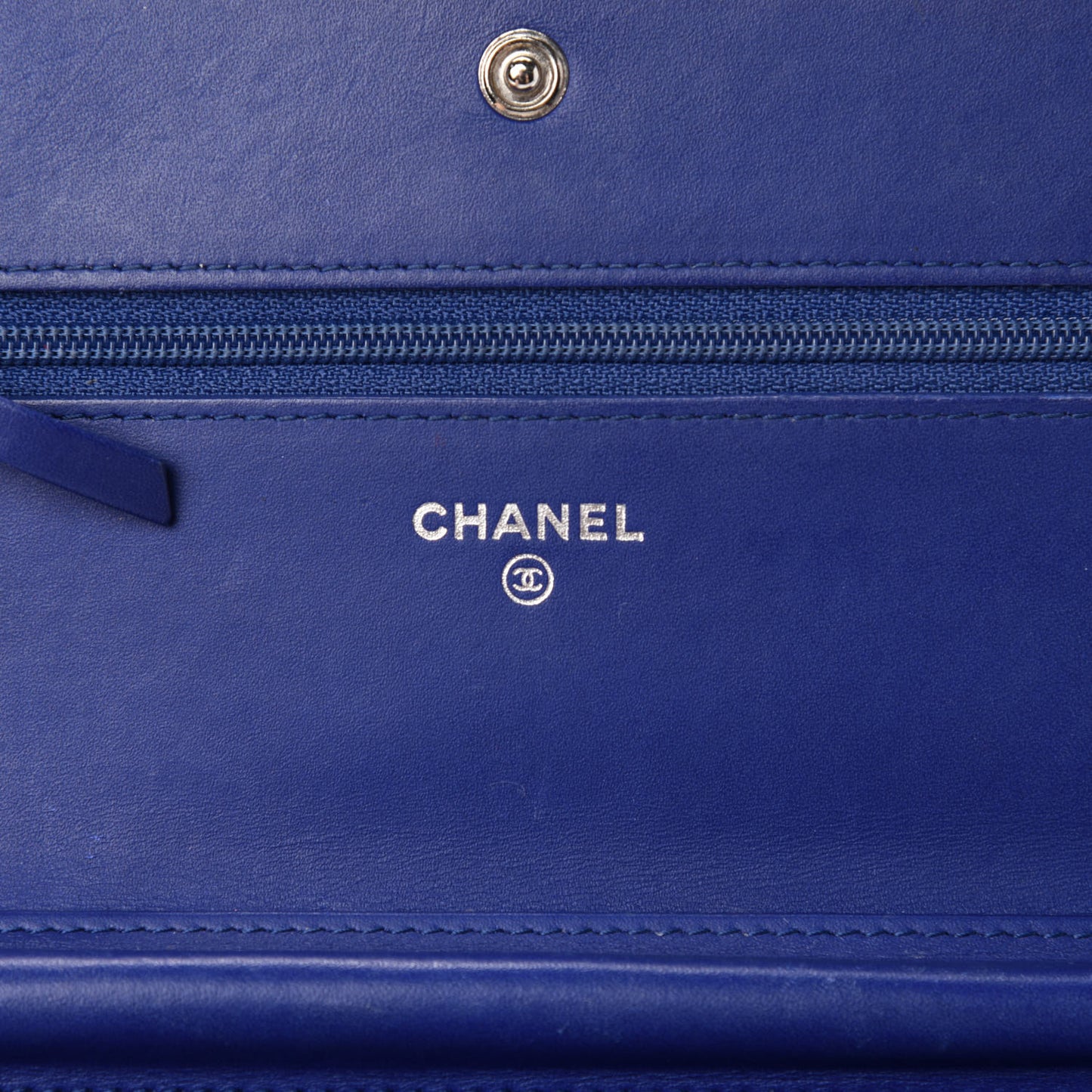 Grained Patent Calfskin Timeless Wallet On Chain WOC Blue