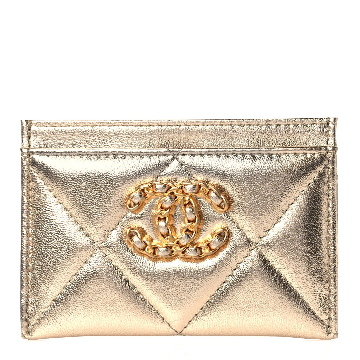 Metallic Lambskin Quilted Chanel 19 Card Holder Gold