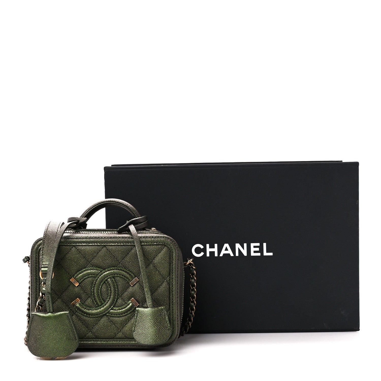 Chanel Iridescent Caviar Quilted Small CC Filigree Vanity Case Green 3 of 11