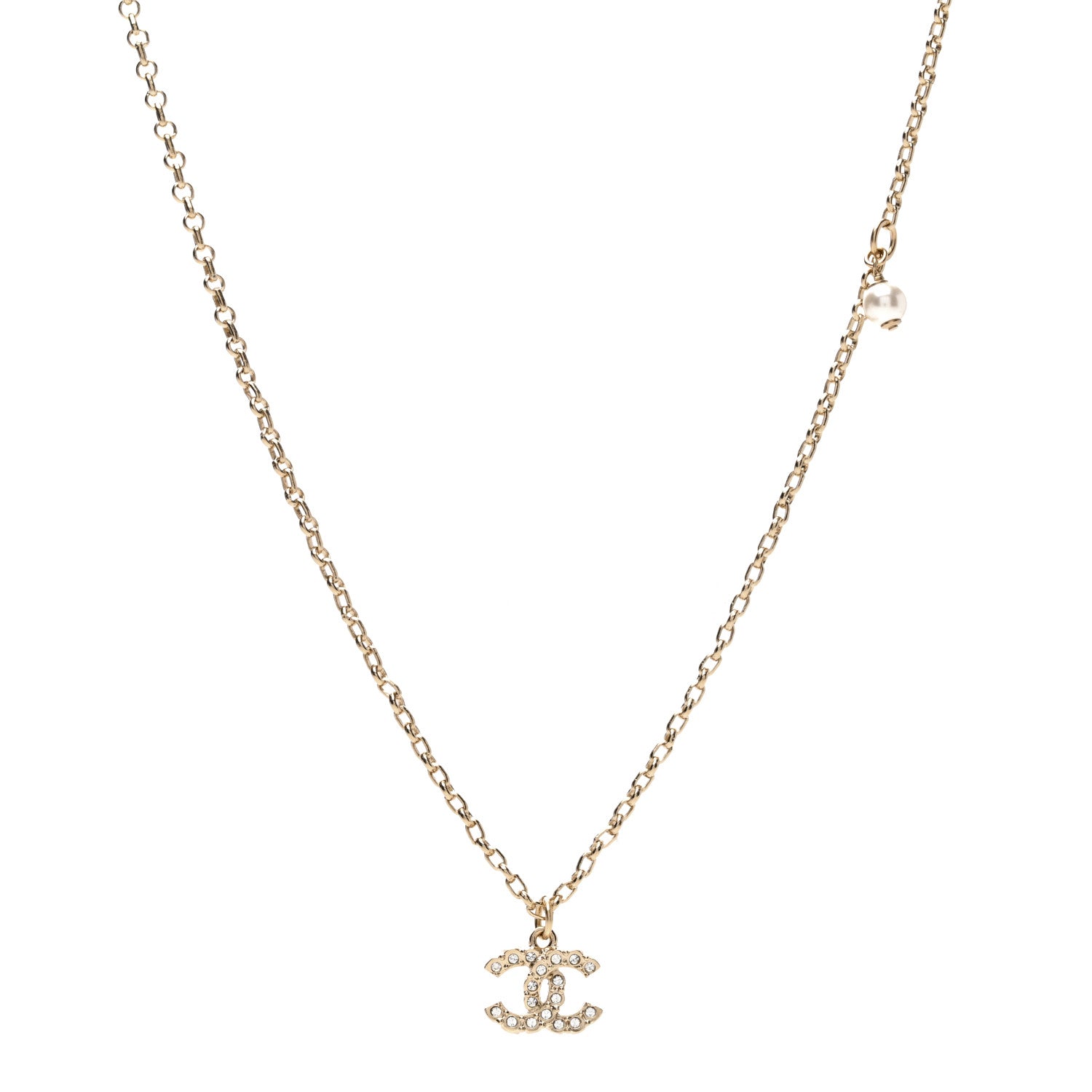 Chanel Metal Pearl Crystal CC Textured Pendant Necklace Gold 1 of 4