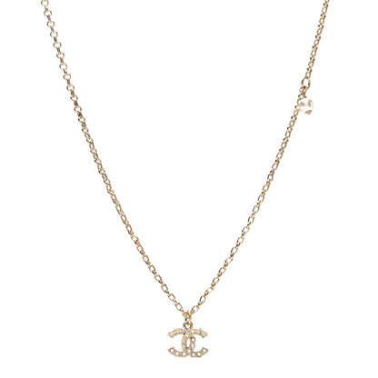 Chanel Metal Pearl Crystal CC Textured Pendant Necklace Gold 1 of 4