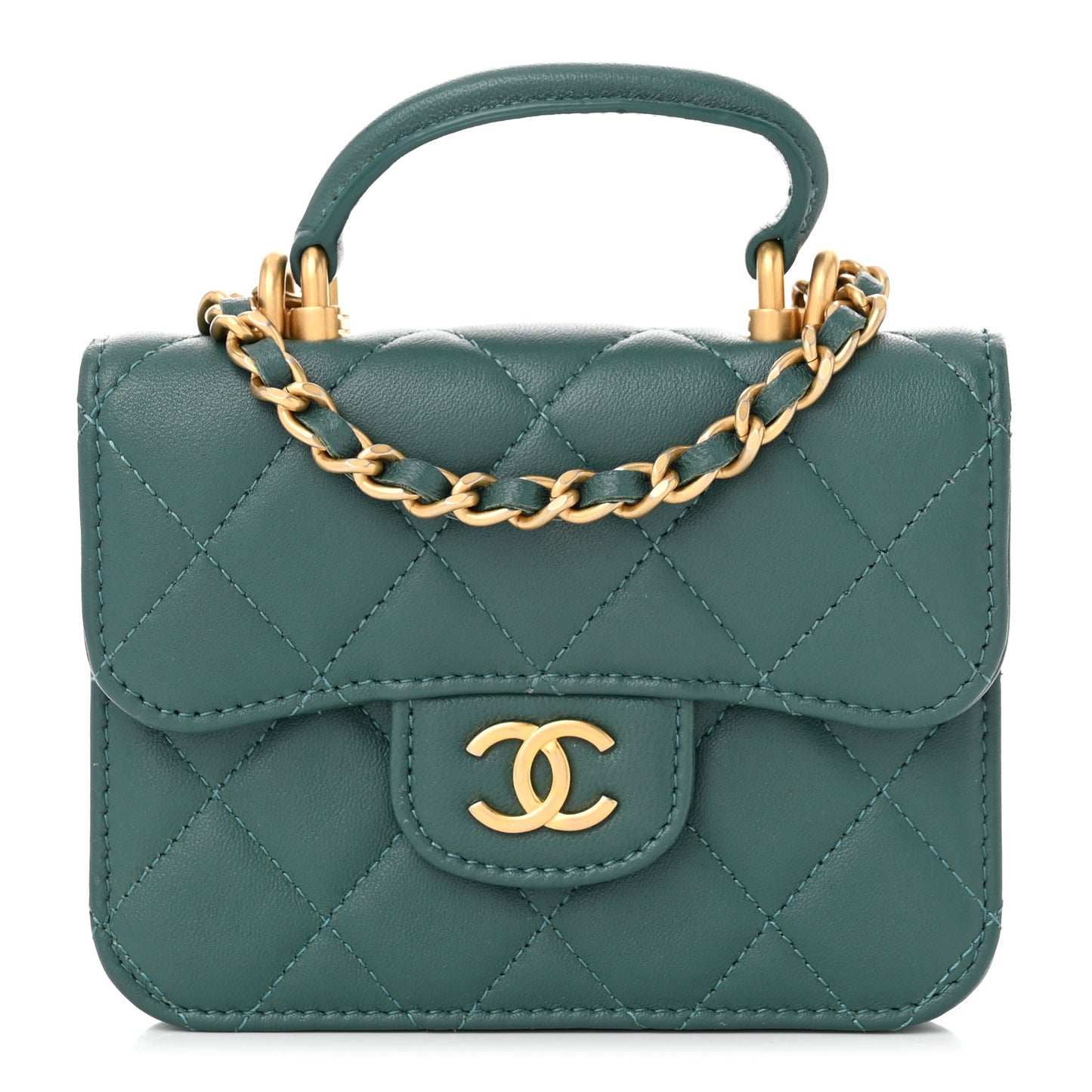 Lambskin Quilted Top Handle Flap Coin Purse With Chain Green