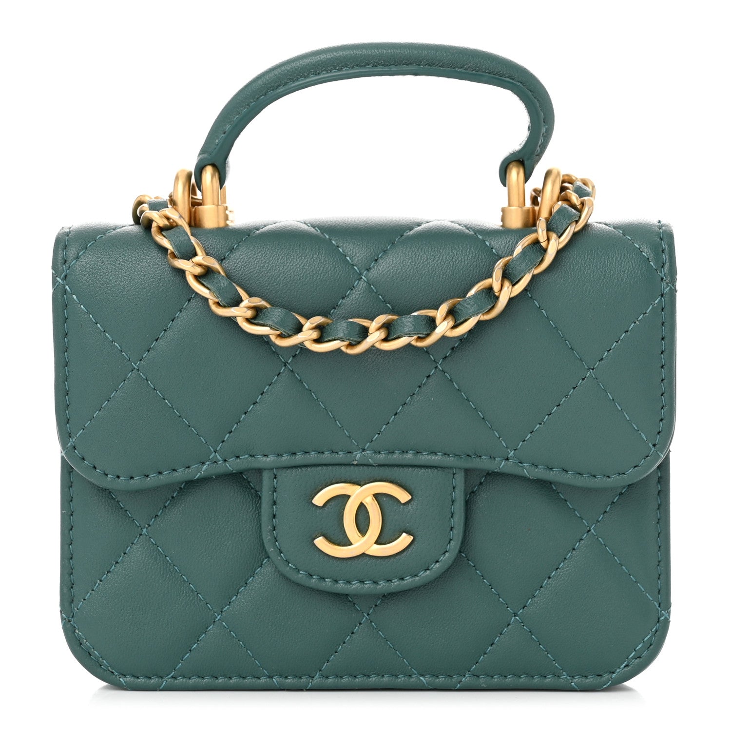 Chanel Lambskin Quilted Top Handle Flap Coin Purse With Chain Green 1 of 12
