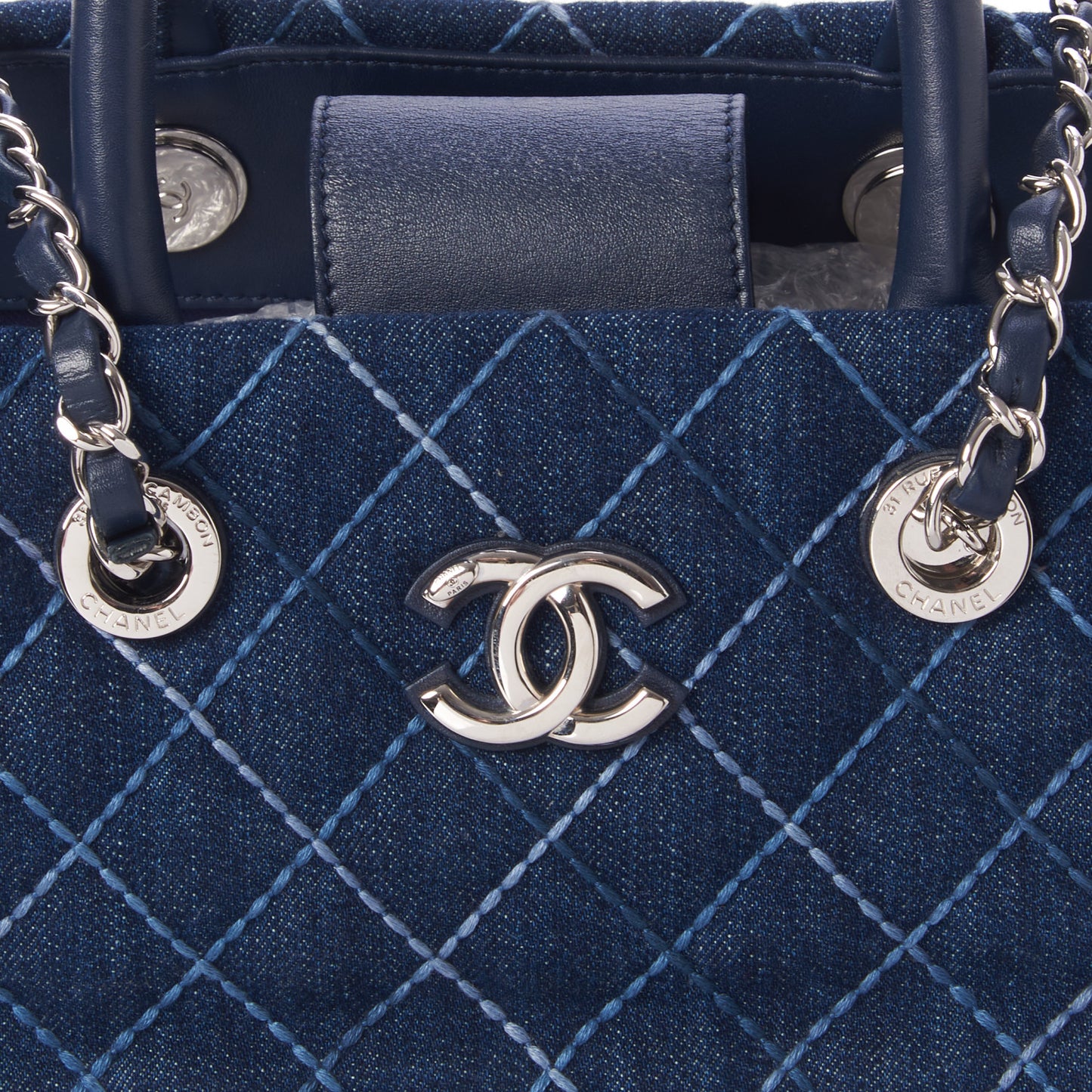 Denim Quilted Medium Coco Handle Shopping Tote Blue
