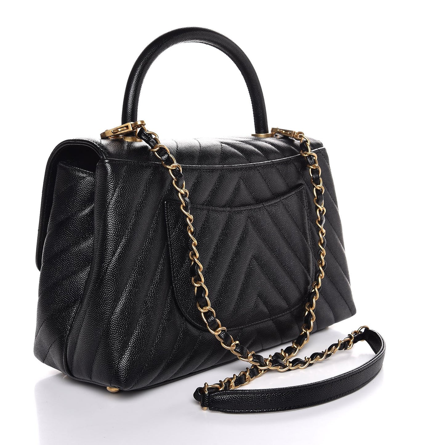 Caviar Chevron Quilted Small Coco Handle Flap Black