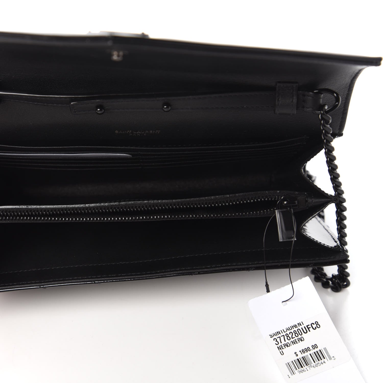 Saint Laurent Patent Matelasse Chevron Monogram Chain Wallet Black 5 of 9