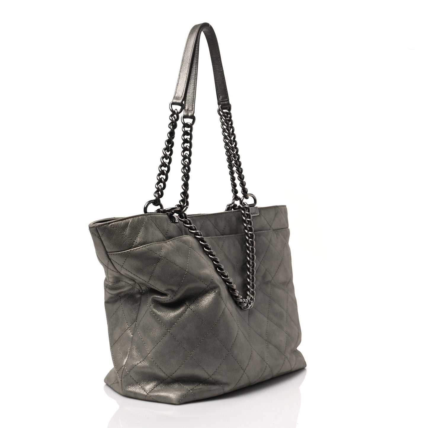 Metallic Calfskin Quilted Small Shopping In Chains Tote Silver