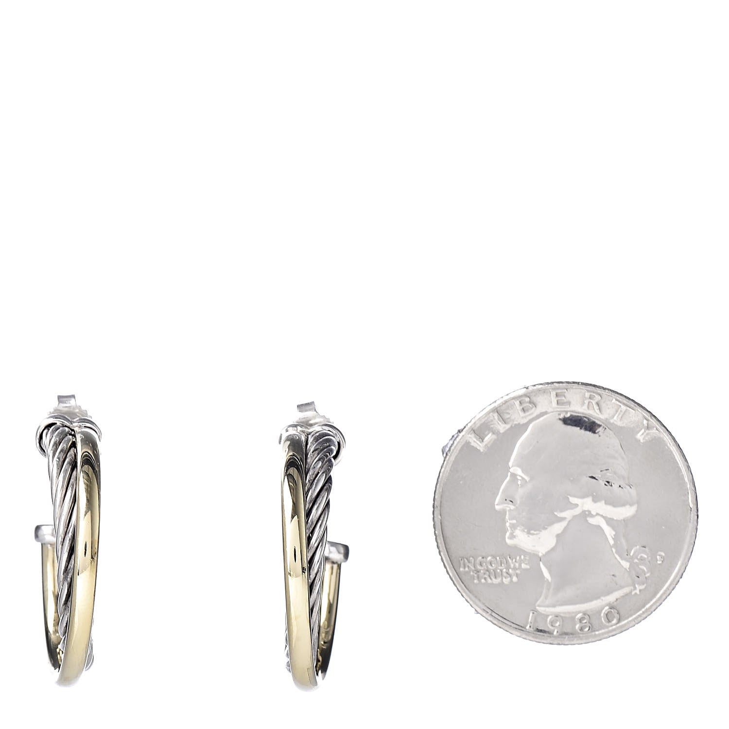 David Yurman Sterling Silver 18K Yellow Gold 23mm Crossover Cable Hoop Earrings 2 of 5