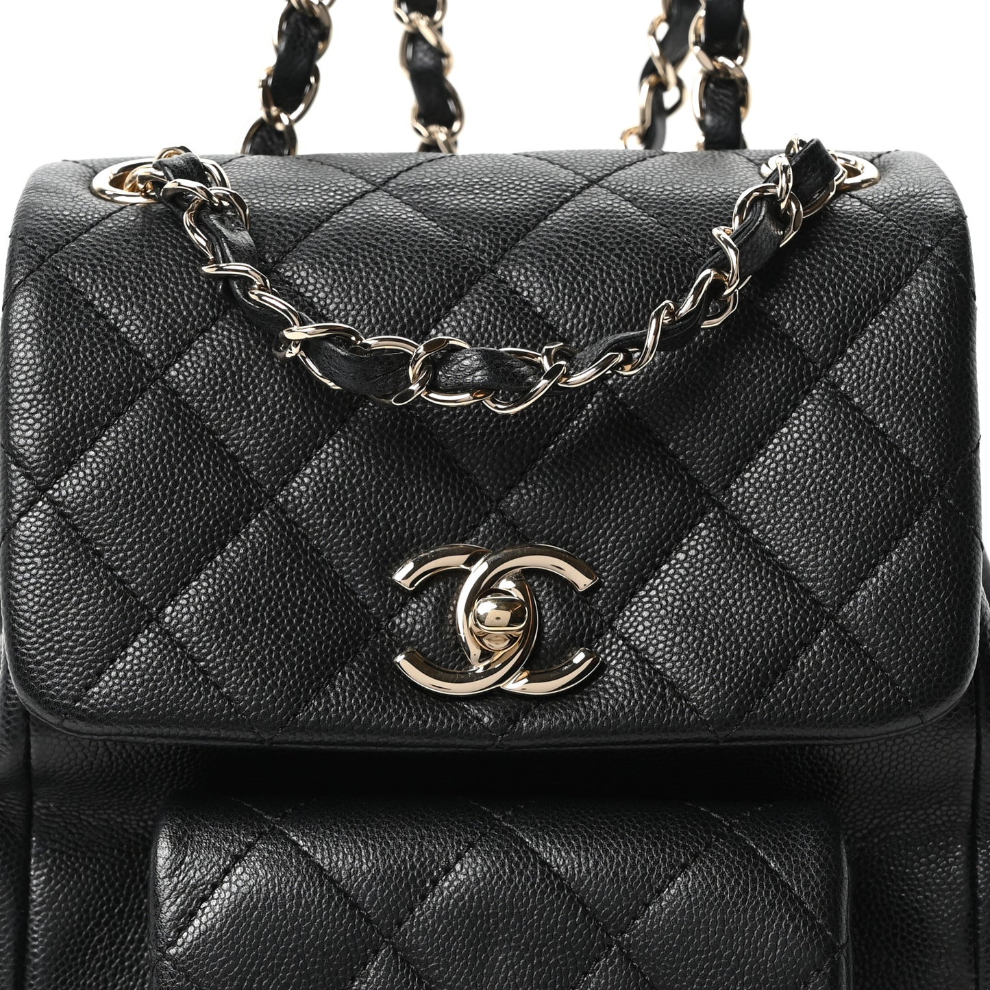 Shiny Caviar Quilted Small Pockets Drawstring Backpack Black